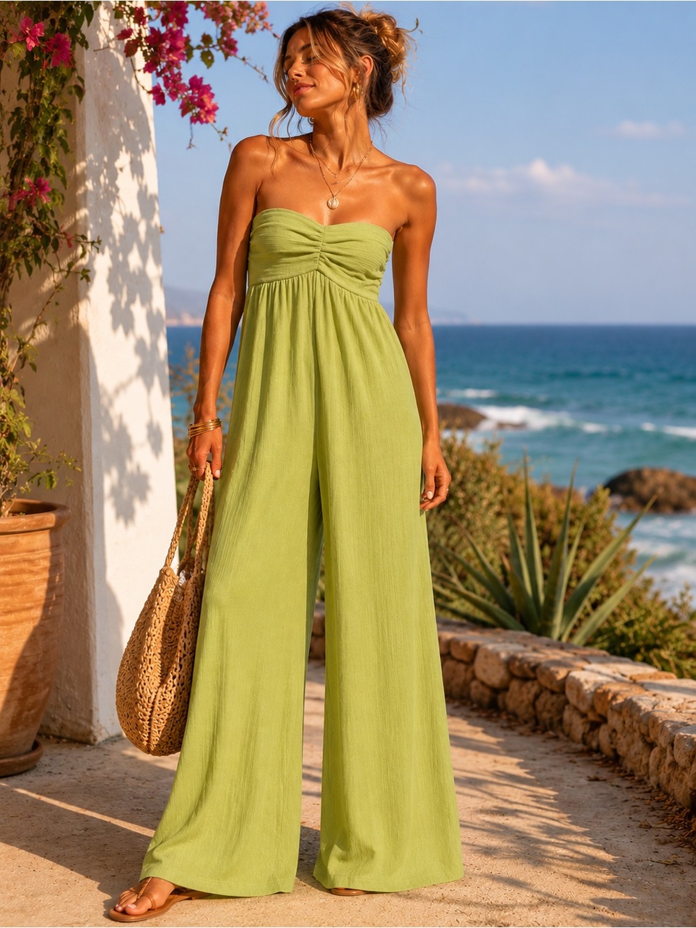 Free People Beach Lime Bandeau Wide Leg Jumpsuit